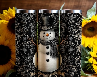 Tumbler wrap 20 oz, download digital PNG 300 dpi - Boneco de neve elegante com cartola e cachecol