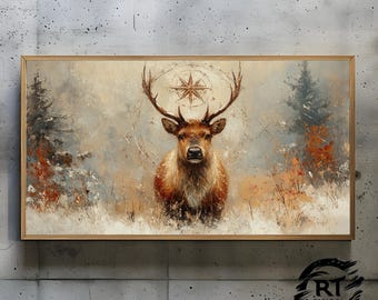 Frame TV Art JPG 4K Alta Resolução 300dpi - Majestosa Rena de Inverno com Bússola Celestial em Floresta Nevada