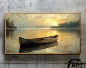 Frame TV Art JPG 4K Alta Resolução 300dpi - Canoa Solitária ao Nascer do Sol em um Lago Sereno