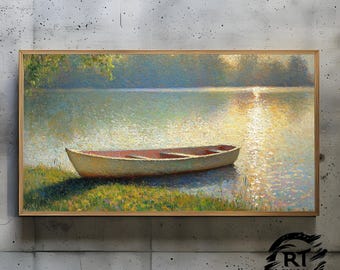 Frame TV Art JPG 4K Alta resolução 300dpi - Uma canoa tranquila descansando à beira do lago na suave luz da manhã