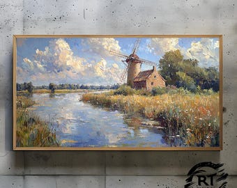 Frame TV Art JPG 4K Alta Resolução 300dpi - Moinho de Vento Sereno pelo Rio Tranquilo