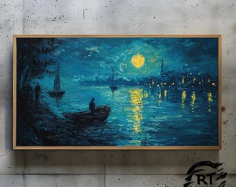 Frame TV Art JPG 4K Alta resolução 300dpi - Moonlit Serenity Uma noite tranquila perto do rio
