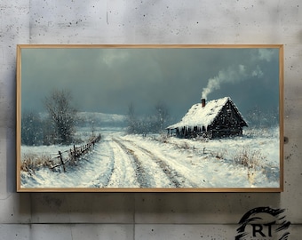 Frame TV Art JPG 4K Alta Resolução 300dpi - Winter Serenity Uma Cabana Coberta de Neve