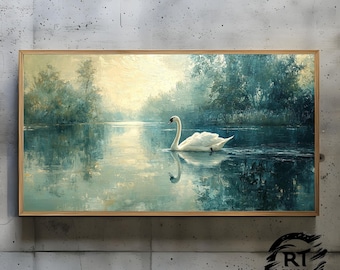 Frame TV Art JPG 4K Alta resolução 300dpi - Cisne sereno deslizando pelas águas enevoadas da manhã