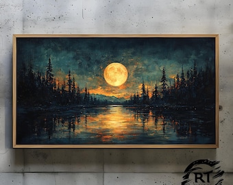 Frame TV Art JPG 4K Alta Resolução 300dpi - Nascer da Lua Dourada Sobre o Tranquilo Lago da Floresta