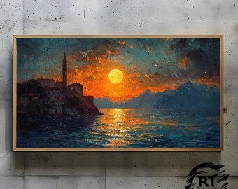 Frame TV Art JPG 4K Alta Resolução 300dpi - Noite de Lua Cheia Sobre Lago Tranquilo