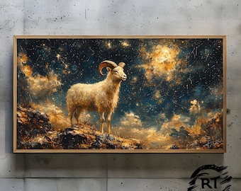 Frame TV Art JPG 4K Alta resolução 300dpi - A majestosa cabra montesa sob o céu estrelado