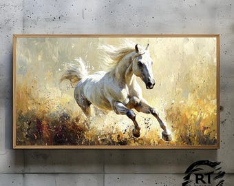 Frame TV Art JPG 4K Alta Resolução 300dpi - Majestoso Garanhão Branco Galopando Através de Campos Dourados