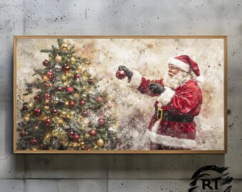 Moldura TV Art JPG 4K Alta Resolução 300dpi - Papai Noel Decorando Árvore de Natal com Enfeites Vermelhos e Dourados