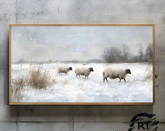 Frame TV Art JPG 4K Alta resolução 300dpi - Ovelhas pastando em uma paisagem serena de inverno