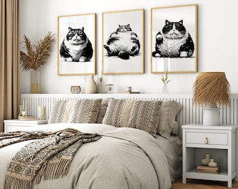 Conjunto de 3 gatos gordos, arte de parede para impressão, download digital JPG 300dpi