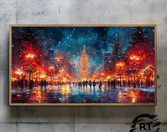 Frame TV Art JPG 4K Alta resolução 300dpi - Um mercado de Natal festivo sob a neve com árvores iluminadas