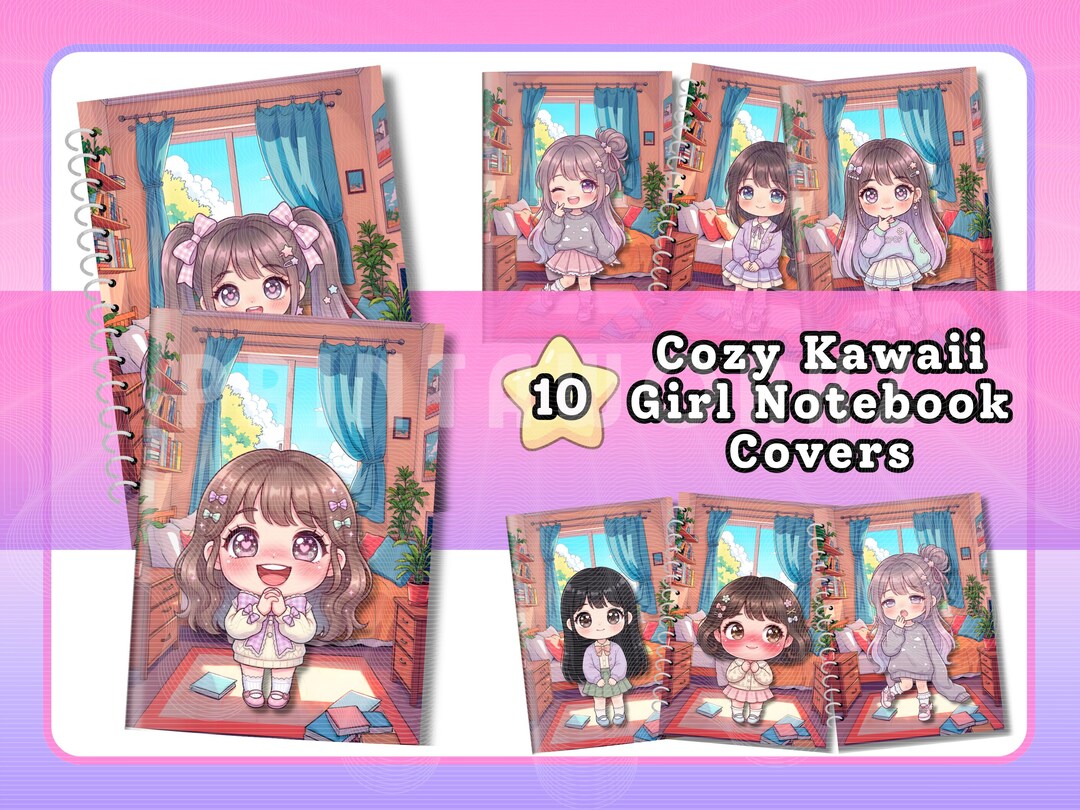 10 Cozy Chibi Kawaii Notebook Covers, Lofi Girl Journal Art (digital ...