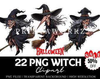 Spooky Halloween Witch Clipart Set: Commercial Use PNG Graphics (Digital Download)