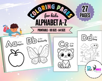 Páginas para colorear del alfabeto para niños: hojas imprimibles de la A a la Z (descarga digital A4/EE. UU.)