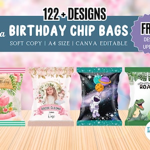 編集可能な誕生日チップバッグ | チップバッグラベル、チップバッグテンプレート、Canva チップバッグ、印刷可能なパーティーの記念品、Canva 編集可能、印刷可能なパッケージ