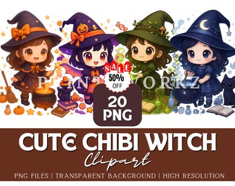Chibi Witch Clipart, Halloween PNG Graphics (Digital Download)