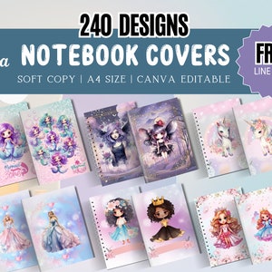Puede incluir: 240 diseños para portadas de cuadernos. Las portadas presentan una variedad de ilustraciones, incluyendo sirenas, hadas, princesas y unicornios. Las portadas están disponibles en tamaño A4 y son editables en Canva. Se incluyen páginas de líneas gratuitas.