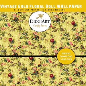 Opulente Gold Floral Dollhouse Model Home Tapete | Vintage rote Rose Miniatur Printable Maßstab 1:12 | Sofortiger digitaler Download