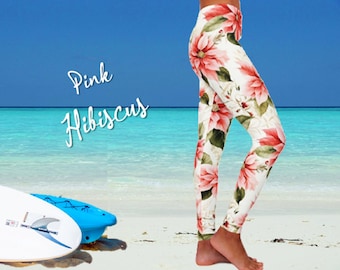 Pink Hibiscus | Fashion Spandex Leggings | Floral Activewear XS - 2XL | Big Print Glam Yoga, Pilates, Fitness Leggings for Women AOP