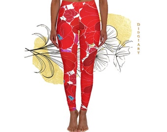 Red Poppy Fashion Spandex Leggings | Floral Activewear XS - 2XL | Glam Yoga, Pilates, Fitness Leggings for Women AOP