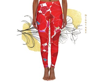 Red Poppy Fashion Spandex Leggings | Floral Activewear XS - 2XL | Glam Yoga, Pilates, Fitness Leggings for Women AOP