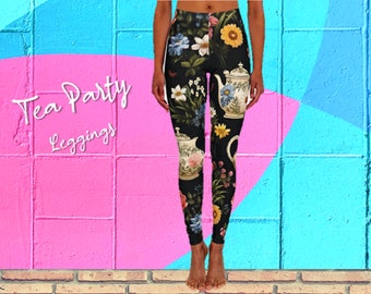 Flower Tea Party Fashion Spandex Leggings | Vintage Floral Activewear XS - 2XL | Glam Yoga, Pilates, Fitness Leggings for Women AOP