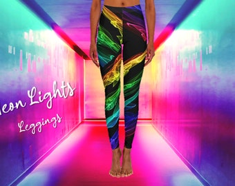 Neon Lights Black FASHION Spandex Leggings | Bright Colourful Fluoro Activewear XS - 2XL | Sportswear Pants or Glam Yoga Tights AOP