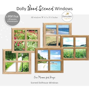 Peut inclure: Plusieurs fenêtres de maison de poupée avec des vues panoramiques, chacune mesurant 11.4 x 10.2 cm. Les fenêtres présentent des images de jardins, de plages et de paysages. Le texte sur l'image indique "Dolly Wood Scented Windows" et "One Frame per Page."