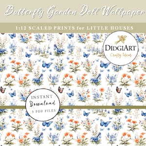 Carta da parati per case delle bambole blu per modelli di case / Carta floreale stampabile con farfalle in miniatura senza soluzione di continuità / Scala 1:12, download digitale istantaneo