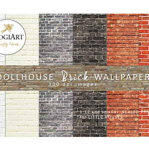 Puede incluir: Una colección de papeles pintados digitales de ladrillo para casas de muñecas con texturas en blanco, crema, gris, gris oscuro y rojo. La imagen incluye el texto DIDGIART Crafty Ideas, DOLLHOUSE Brick WALLPAPER, 300 dpi images y 1:12 and smaller SCALED PRINTS for LITTLE HOUSES.