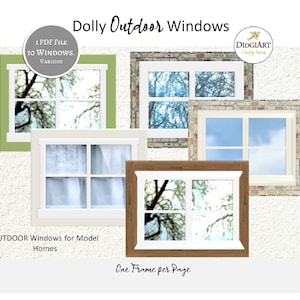 Può includere: Un'immagine con diversi modelli di finestre in miniatura per case modello. Le finestre hanno vari stili e colori di cornice, tra cui bianco, verde e marrone. Il testo "Dolly Outdoor Windows" e "OUTDOOR Windows for Model Homes" è visibile.