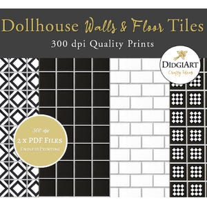Miniature Dollhouse Black White Tiles for Models | Printable Bathroom, Kitchen Tiles | Instant Digital Download