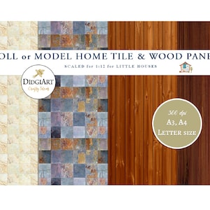 May include: Digital paper with dollhouse tile and wood panel designs. The image shows beige tiles, multi-coloured square tiles, and vertical wood panels in brown shades. The text indicates the designs are scaled for 1:12 little houses, with A3, A4 and Letter sizes.