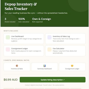 May include: A digital download graphic with the title "Depop Inventory & Sales Tracker." The graphic includes sections detailing features like a live dashboard, inventory log, and consignment ledger. The price is listed as $6.99 AUD.