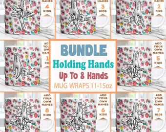 Bundle Custom Up to 8 Kids Holding Mom‘s Hand 3D Inflated Effect Mug Png, Mama Floral 11oz Mug, Mother's Day Floral, Holding Grandma's Hand