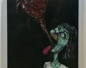 May include: A painting of a person with a large, open mouth, consuming a bloody heart. The heart is dripping with blood and the person's tongue is sticking out. The background is black.