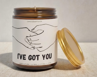 Vela de soja "Te tengo" / Regalo de amistad / Mensaje de ánimo / Frasco de ámbar hecho a mano de 227 g