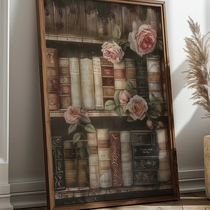 May include: A framed print of a bookshelf with vintage books and roses. The books have ornate titles and the roses are in shades of pink and white.