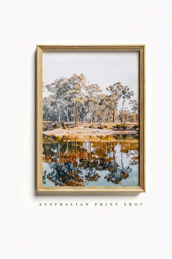 Australian Riverbanks Oil Print Outback Bush Print Gum Trees Art Modern Wall Art Outback Digital Download Printable Art Murray River Print