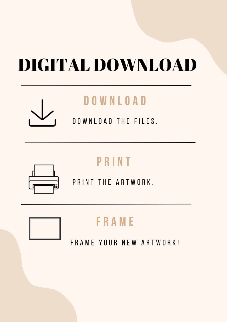 May include: Digital download instructions with icons for downloading, printing, and framing artwork.