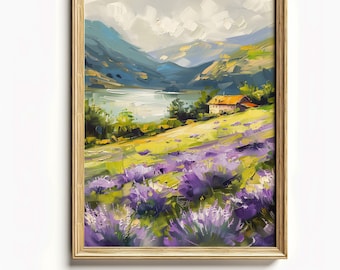 Vintage Lavender Oil Painting | Printable | Lavender Fields | Rustic Cottage | Country Field Art | Farmhouse Decor | Digital Download