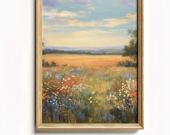 May include: A framed painting of a field of wildflowers in shades of blue, red, and white. The field is in the foreground with a distant horizon and a blue sky with white clouds.