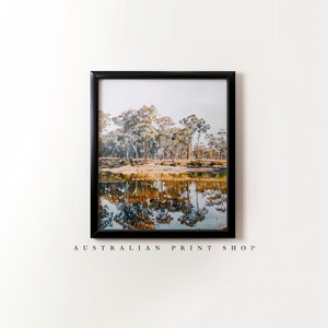 May include: A framed print of a landscape scene with a lake reflecting trees in the water. The trees are a mix of green and yellow, and the water is a deep blue. The print is in a black frame.