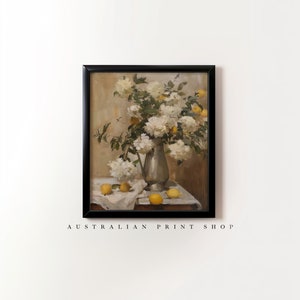 Vintage Still Life Floral Lemon Painting Traditional Kitchen Wall Art Neutral Digital Painting Living Room Printable Decor Farmhouse Art