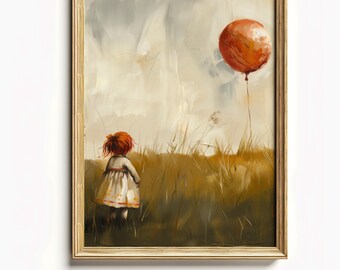 Vintage Landscape Art | Girl with Balloon | Nursery Wall Art | Printable | Digital Wall Decor | Playroom Wall Art