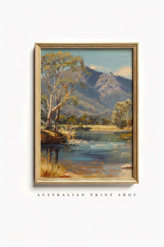Australian Riverbank Oil Print Outback Bush Painting Gum Tree Art Vintage Wall Art Digital Download Printable Art Australian River