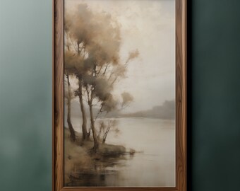 Vintage River Landscape Oil Painting | Neutral Toned Wall Art | PRINTABLE | Muted Art | Digital Download