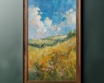 May include: A framed landscape painting depicts a sunny field of wildflowers under a bright blue sky with fluffy white clouds. The artwork is in a wooden frame, and the text "AUSTRALIAN PRINT SHOP" is at the top.