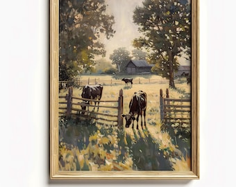 May include: A framed painting of a rural landscape with a barn and cows grazing in a field. The painting is done in a realistic style with muted colors.